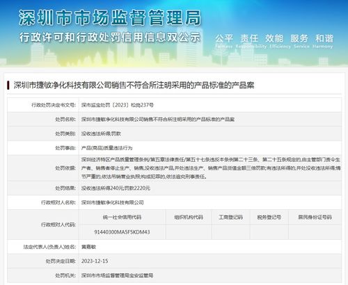深圳市捷敏凈化科技產品標準不符與違規(guī)經(jīng)營演出經(jīng)紀業(yè)務案剖析